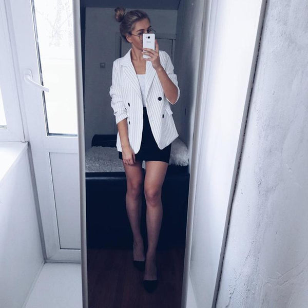 Women's Work Pant Suit with Double Breasted Striped Blazer Zipper Trousers - SolaceConnect.com