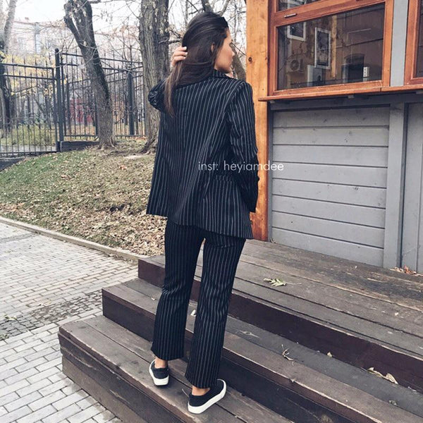 Women's Work Pant Suit with Double Breasted Striped Blazer Zipper Trousers - SolaceConnect.com