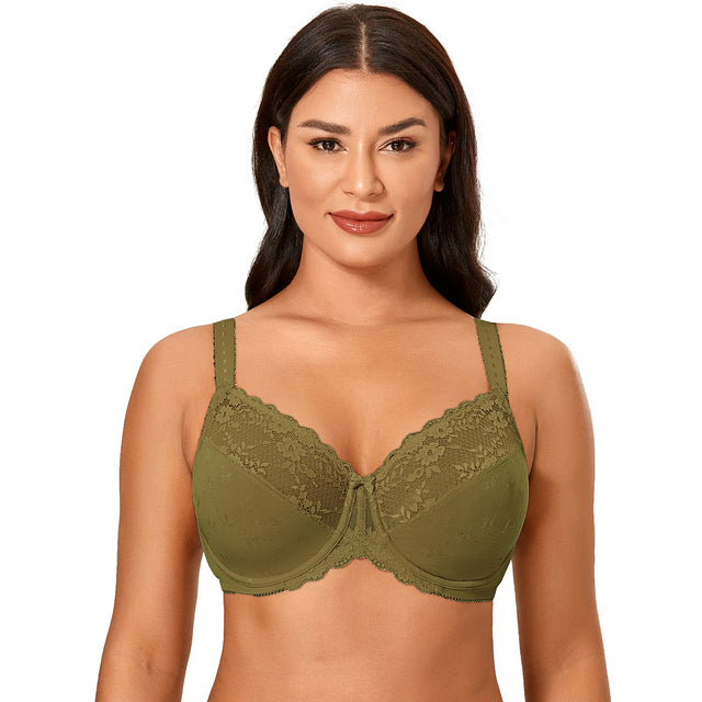 Women's Yellow Lace Minimizer Plus Size Floral Unlined Full Coverage Bra  -  GeraldBlack.com