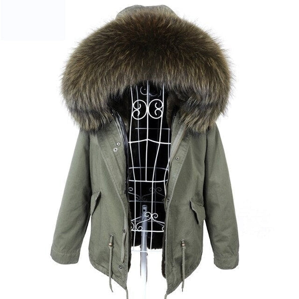 Women's Zipper Closed Hooded Winter Jacket with Natural Raccoon Fur Collar  -  GeraldBlack.com