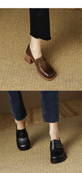 Women Spring Autumn Square Toe 6.5cm High Heel Vintage Classical Solod Slip-on Penny Moccasin Loafers  -  GeraldBlack.com