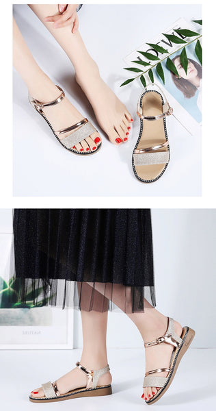 Women Summer Bright Glitter Flats Shinny Silver Fashion Open Sandals  -  GeraldBlack.com