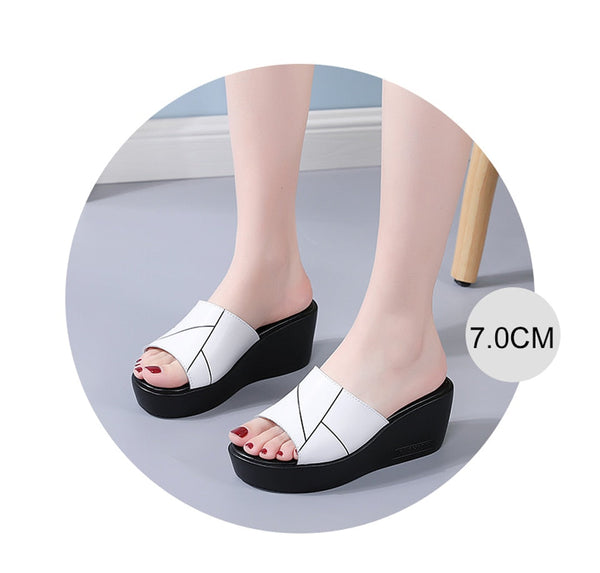 Women Summer Thick Sole 7cm Height Increasing High Heel Concise Outdoor Slippers Slides  -  GeraldBlack.com