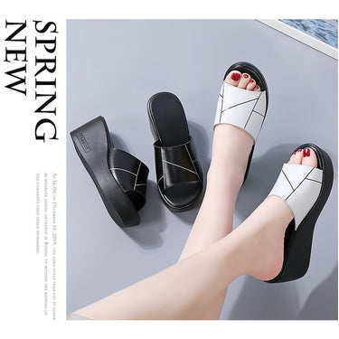 Women Summer Thick Sole 7cm Height Increasing High Heel Concise Outdoor Slippers Slides  -  GeraldBlack.com