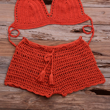 Women Tassel knitting Tube up Two Pieces Crochet Bikini Push-Up Swimsuit Halter Bandage Swimwear  -  GeraldBlack.com
