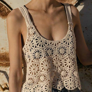 Women Vintage Crochet Cropped Tank Top Boho Hollow Out Knitted Floral Pattern Camisole Summer Sleeveless Cover Up Vest  -  GeraldBlack.com