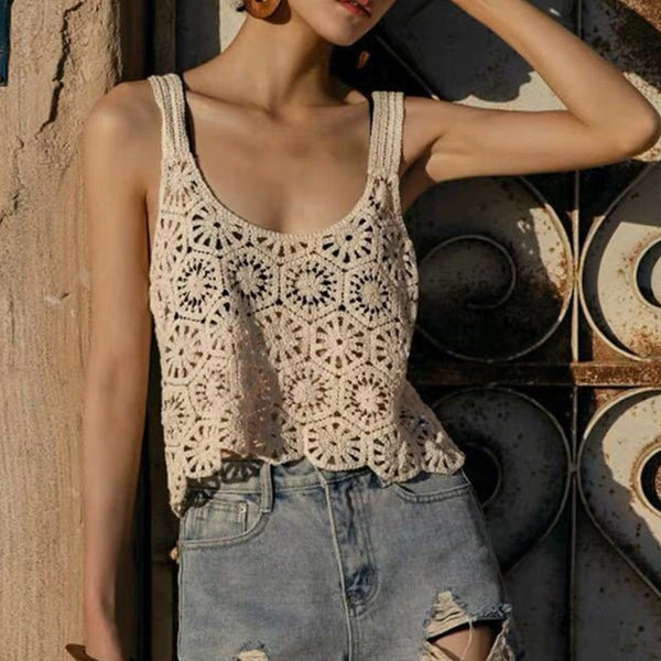 Women Vintage Crochet Cropped Tank Top Boho Hollow Out Knitted Floral Pattern Camisole Summer Sleeveless Cover Up Vest  -  GeraldBlack.com
