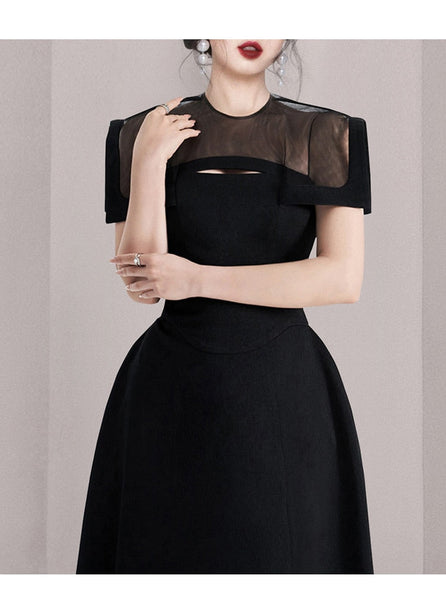 Womens Korean Retro O-Neck A-Line Black Vestidos Elegant Fashion Slim Midi Office Party Casual Dress  -  GeraldBlack.com