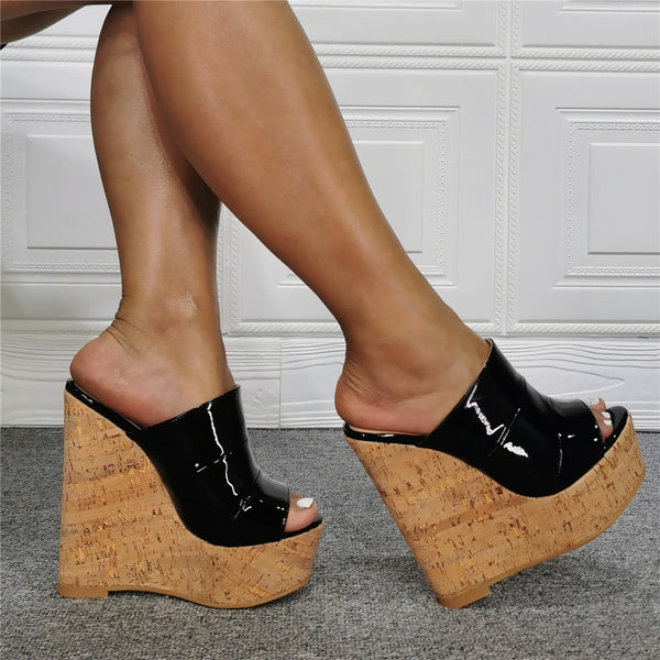 Wood Grain Mirrored Platform Wedge Sexy High Heels Plus Size 46 Party Out Wear Street Women Shoes Banquet  -  GeraldBlack.com