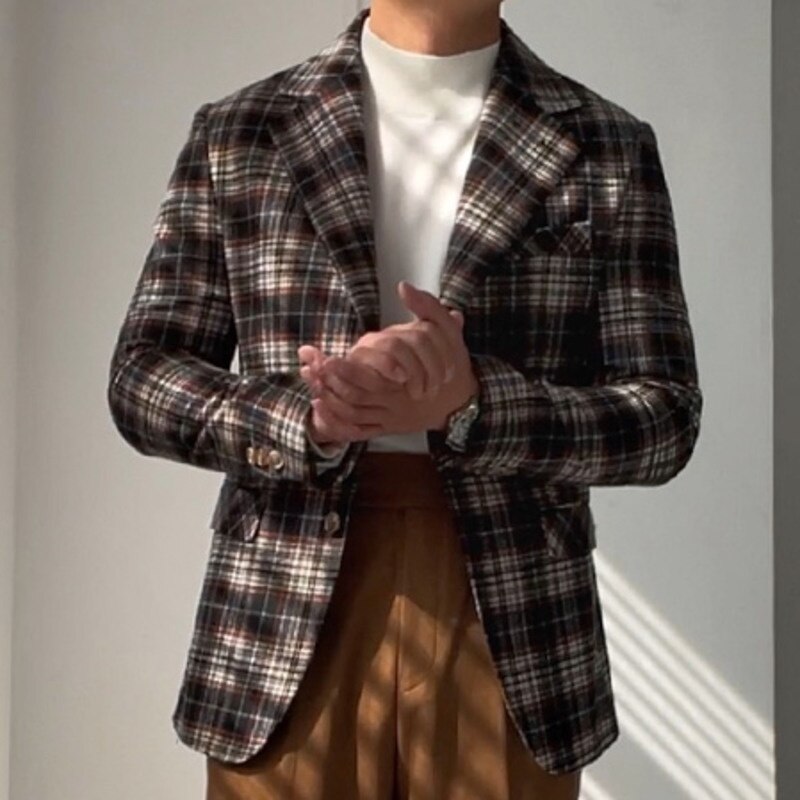 Woolen Blend plaid Retro Casual Men's Coat Slim Long Sleeve Gentleman Suit Blazers  -  GeraldBlack.com