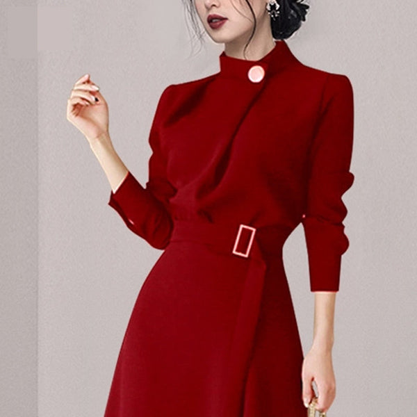 Work Wear Red Winter Vestidos Korean Slim Vintage Dresses Fashion Long Sleeve Business Casual Party Dress  -  GeraldBlack.com