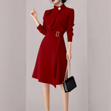 Work Wear Red Winter Vestidos Korean Slim Vintage Fashion Long Sleeve Business Casual Party Dress  -  GeraldBlack.com