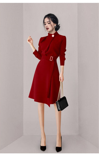 Work Wear Red Winter Vestidos Korean Slim Vintage Fashion Long Sleeve Business Casual Party Dress  -  GeraldBlack.com