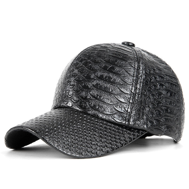 Wuaumx Fashion High Quality PU Snake Leather Baseball Caps For Men Women Solid Black  Faux Leather Cap Casual Snapback Wholesale  -  GeraldBlack.com