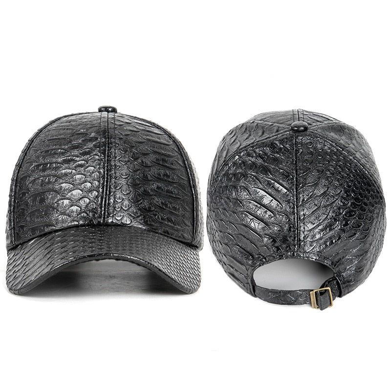 Wuaumx Fashion High Quality PU Snake Leather Baseball Caps For Men Women Solid Black  Faux Leather Cap Casual Snapback Wholesale  -  GeraldBlack.com