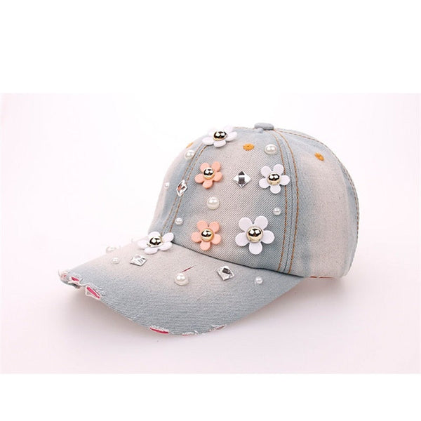 Wuaumx Rhinestones Women&#39;s Baseball Caps Handmade Floral Hat For Girls Crystal Cap Curved Peak Visor Hip Hop Snapback Cap Female  -  GeraldBlack.com