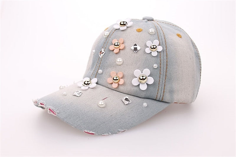 Wuaumx Rhinestones Women&#39;s Baseball Caps Handmade Floral Hat For Girls Crystal Cap Curved Peak Visor Hip Hop Snapback Cap Female  -  GeraldBlack.com