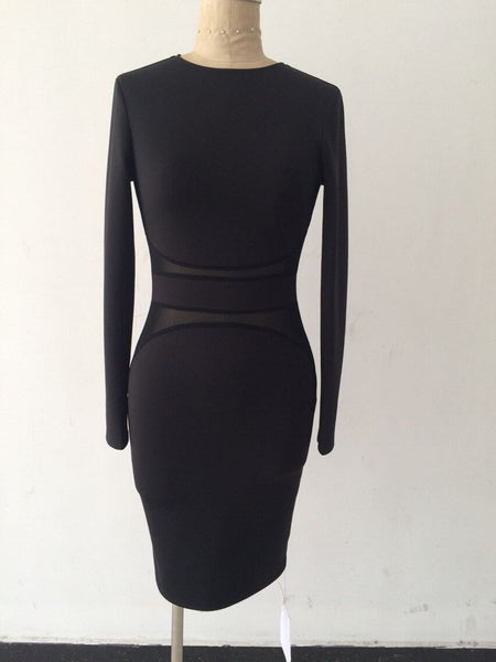 XS-XXL Black White Long Sleeve Mesh Patchwork Bandage Dress for Winter  -  GeraldBlack.com