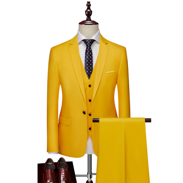 Yellow Classic Business Slim Large Size Single-button Three Piece Suit for Men  -  GeraldBlack.com