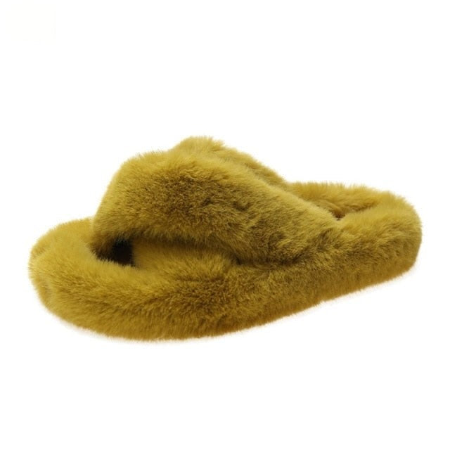 Yellow Fashion Warm Flurry Faux Fur Slides House Slippers for Women  -  GeraldBlack.com
