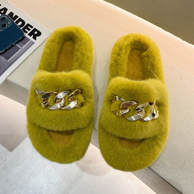 Yellow Fashion Warm Furry Slides Platform House Slippers for Women  -  GeraldBlack.com