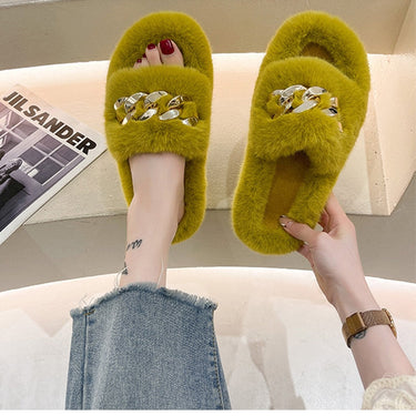 Yellow Fashion Warm Furry Slides Platform House Slippers for Women  -  GeraldBlack.com