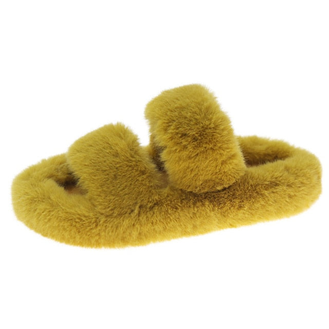 Yellow Fashion Warm Furry Slides Winter Flip Flop Slippers for Women  -  GeraldBlack.com