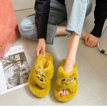 Yellow Fluffy Fur Cross Band Fuzzy Slides House Slippers for Women  -  GeraldBlack.com