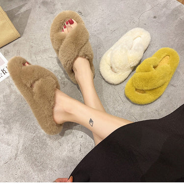 Yellow Fluffy Fur Cross Band Fuzzy Slides Indoor Slippers for Women  -  GeraldBlack.com