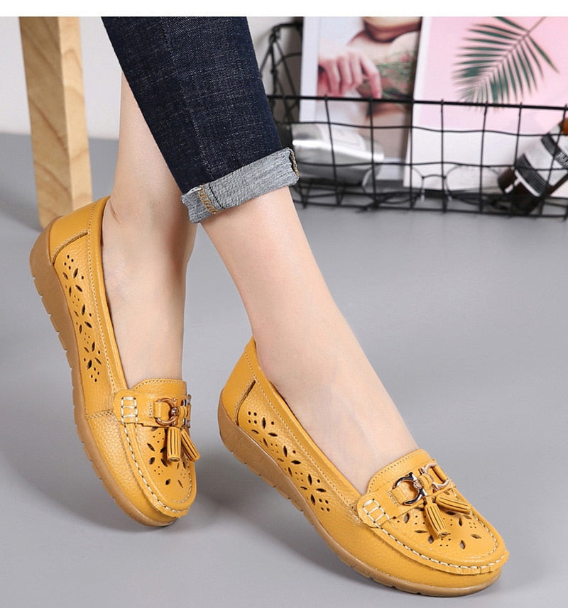 Yellow Genuine Leather Low Heel Round Toe Flat Shoes for Women  -  GeraldBlack.com