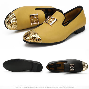 Yellow Men Leather Big Size Fashion Design Bright Face Buckle and Gold Metal Toe Driving Loafers Shoes  -  GeraldBlack.com