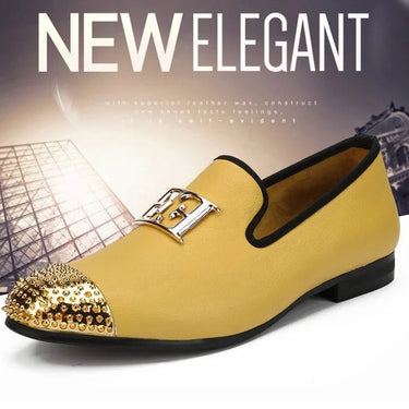 Yellow Men Leather Big Size Fashion Design Bright Face Buckle and Gold Metal Toe Driving Loafers Shoes  -  GeraldBlack.com