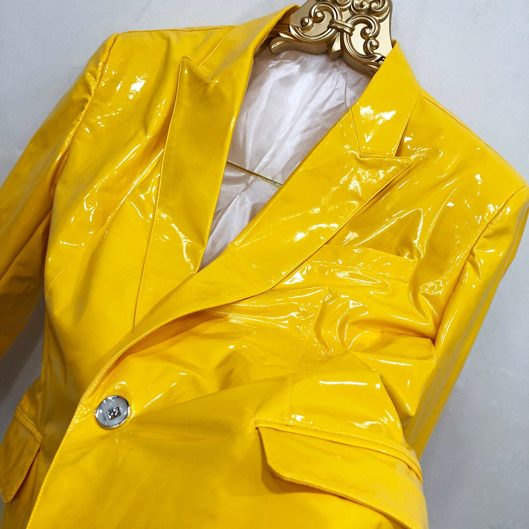 Yellow Mirror Bright Leather Blazer Men Plus Performance Suit Jacket Soft Lacquer Leather Jacket Nightclub 6XL  -  GeraldBlack.com