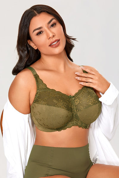 Yellow Olive Color Unlined Full Coverage Mesh Comfort Wireless Lace Bra - SolaceConnect.com