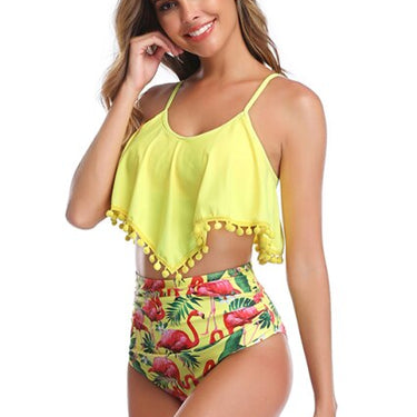 Yellow Sexy Ruffle Tassel Top and Printed High Waist Thong Bikini Set Swimsuit  -  GeraldBlack.com