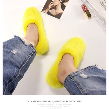 Yellow Women Designer Fur House Slippers Autumn Winter Warm Shoes Fashion Outside Flat Mink Fur  -  GeraldBlack.com
