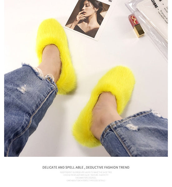 Yellow Women Designer Fur House Slippers Autumn Winter Warm Shoes Fashion Outside Flat Mink Fur  -  GeraldBlack.com